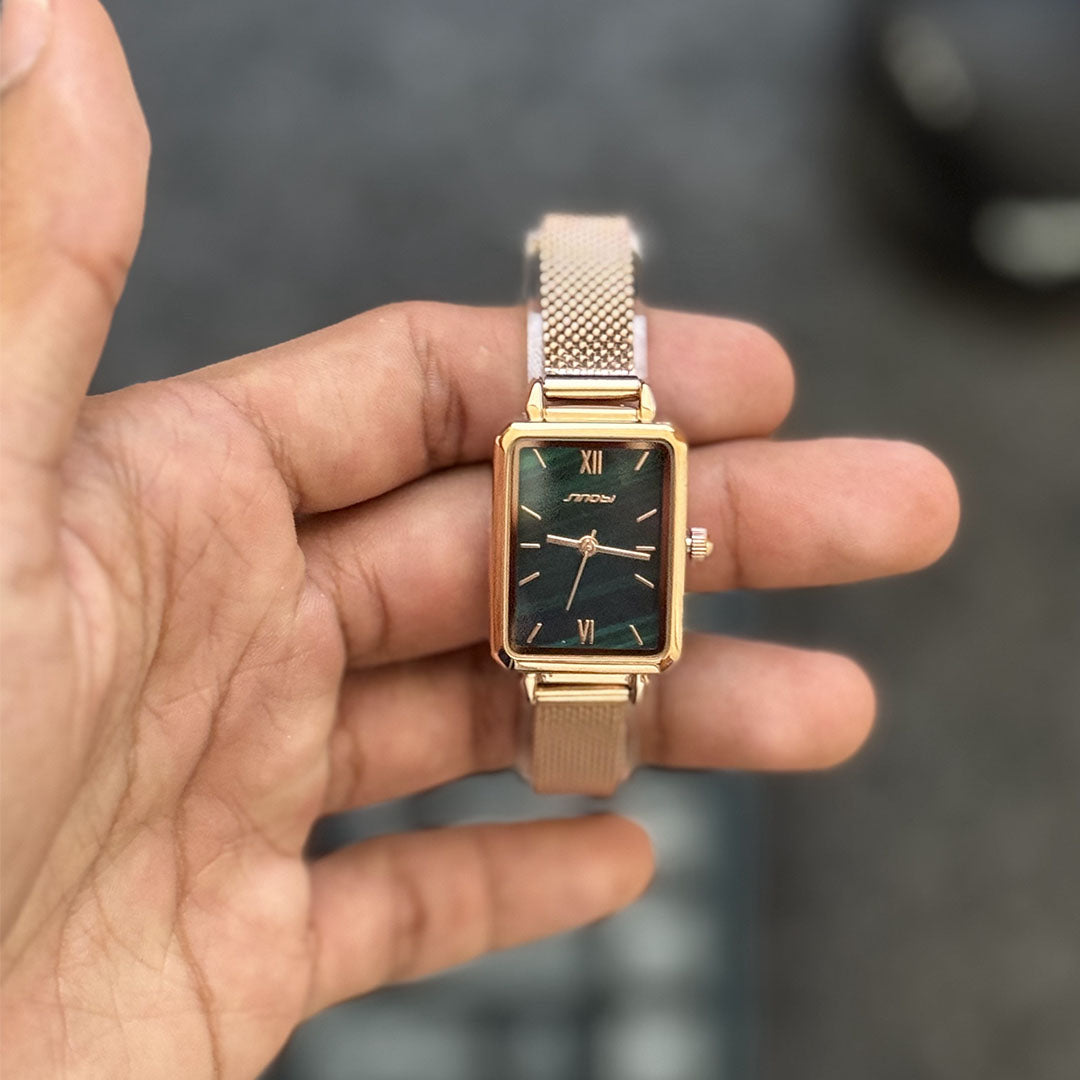 Reloj Rectangular Sinobi S9855L para Mujer | Malla Milanesa