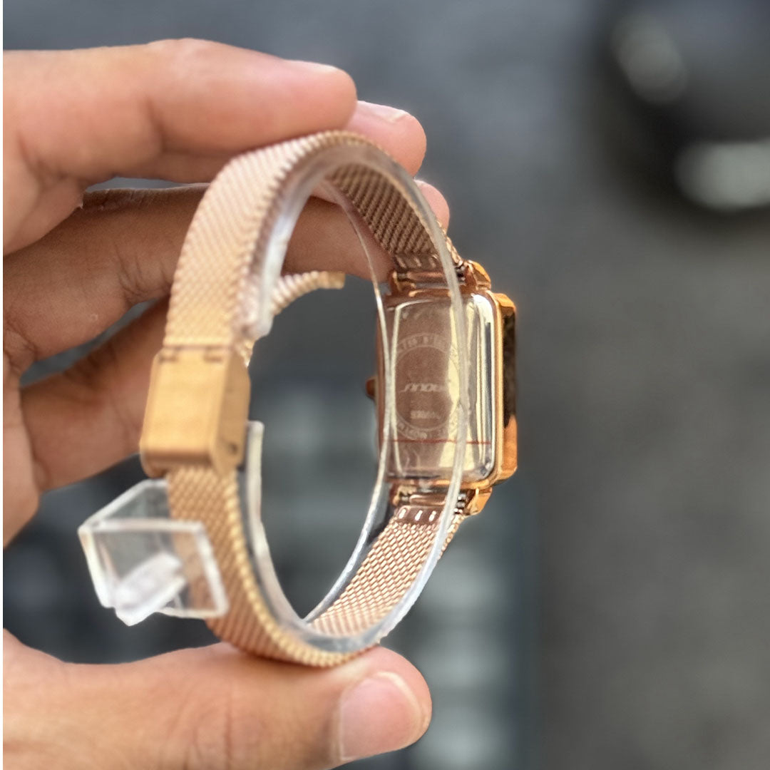 Reloj Rectangular Sinobi S9855L para Mujer | Malla Milanesa