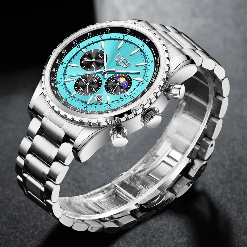 Reloj Cronógrafo LIGE 8989 para Hombre | Acero y Esfera Turquesa