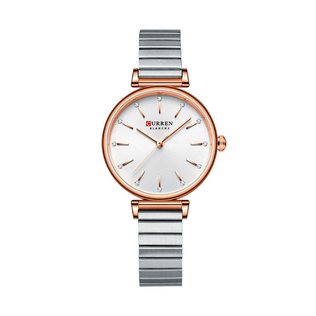 Foto producto de un reloj curren para mujer con correa plateada y caja con bordes de color oro rosa