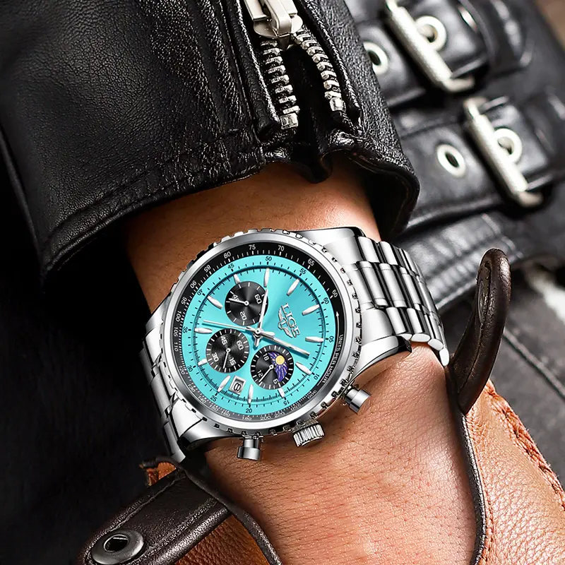 Reloj Cronógrafo LIGE 8989 para Hombre | Acero y Esfera Turquesa