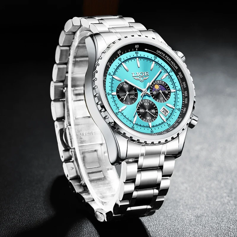 Reloj Cronógrafo LIGE 8989 para Hombre | Acero y Esfera Turquesa