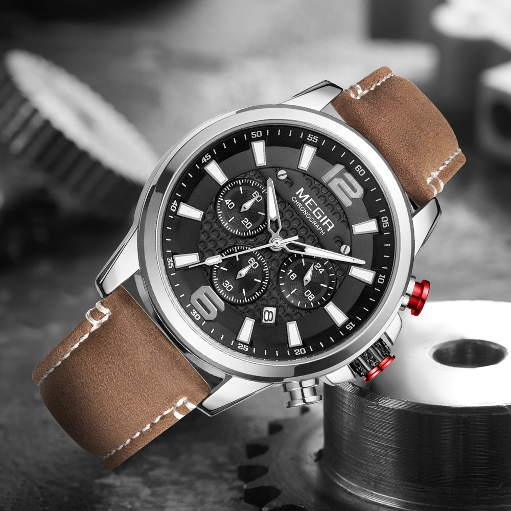 Reloj de Aviador Megir 2156 Cronógrafo para Hombre | Acero y Cuero