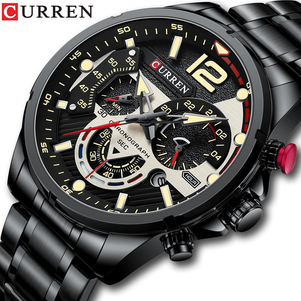 Foto detalle del frente de un reloj metálico deportivo para hombre Curren 8395 color negro con detalles beige