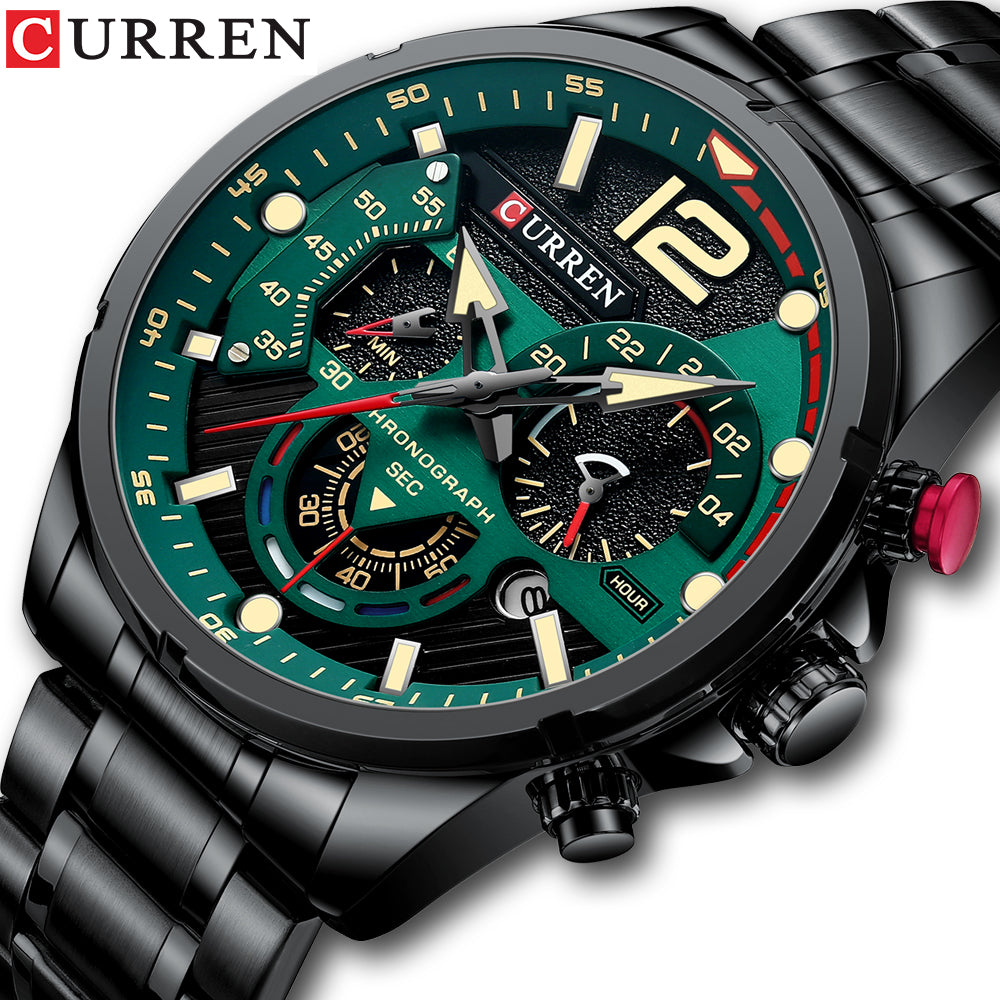 Foto detalle de un reloj metálico deportivo para hombre Curren 8395 color negro con detalles verdes